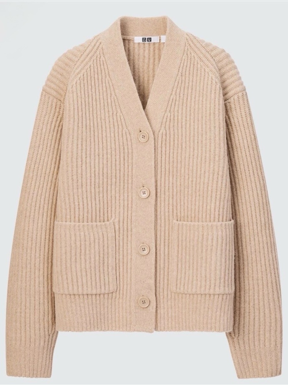 Lemaire Uniqlo U Premium Wool High Neck V Ribbed Cardigan Beige Size Small EUC
